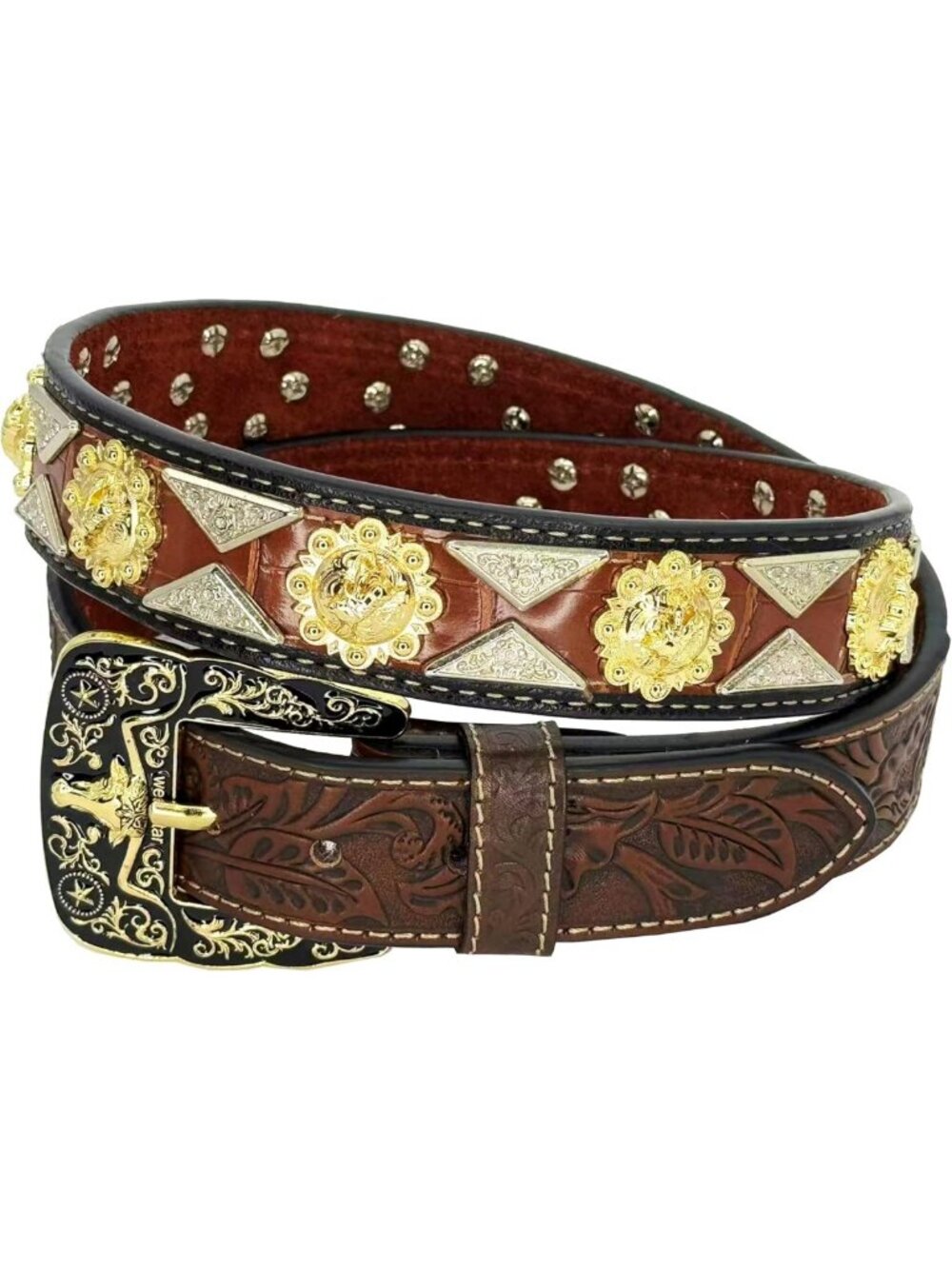 Western Concho Belt for Men & Women - Genuine Leather Tooled Belt